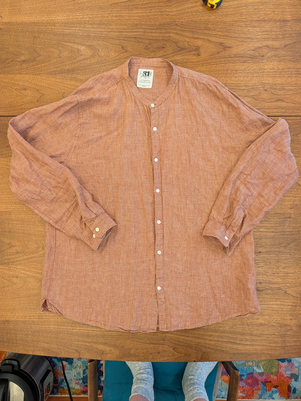Le 31 Simons XXL 100% Linen Band Collar Shirt – Rust / Terracotta